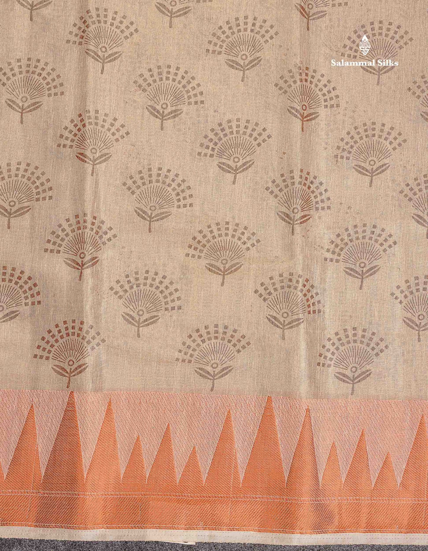 Semi Raw Silk Tissue Saree - Cream Sandal Colour Body With Traditional Temple Border