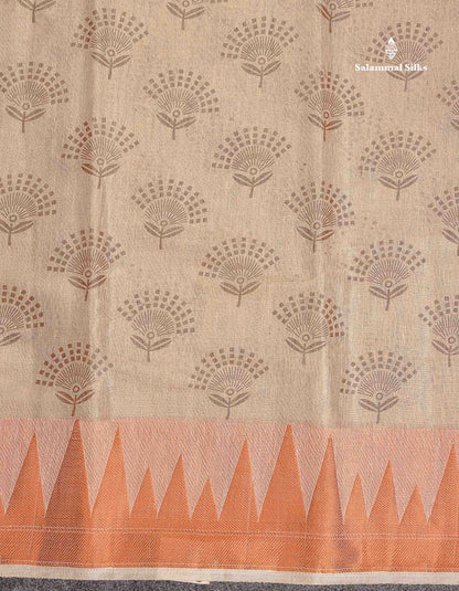 Semi Raw Silk Tissue Saree - Cream Sandal Colour Body With Traditional Temple Border