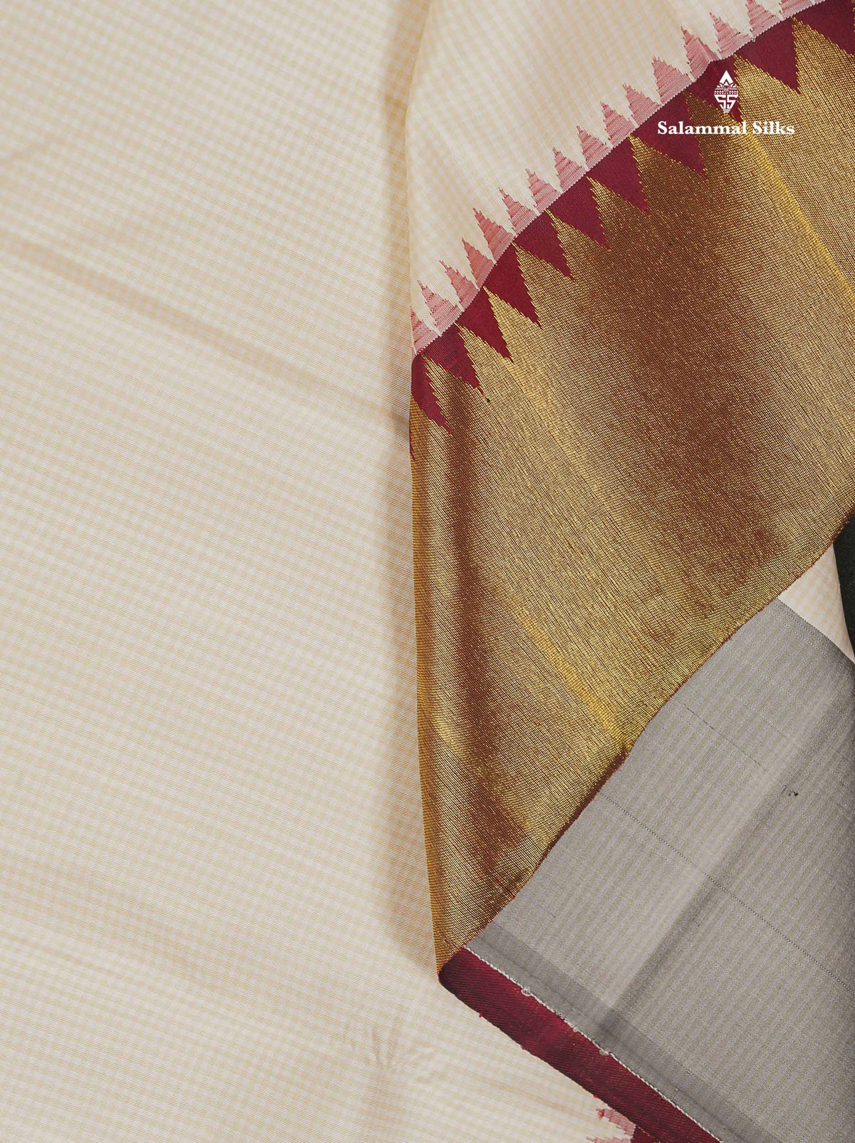 8 Kol Pure Kanjivaram Silk Saree - Half White Colour Body With Contrast Maroon Temple Border