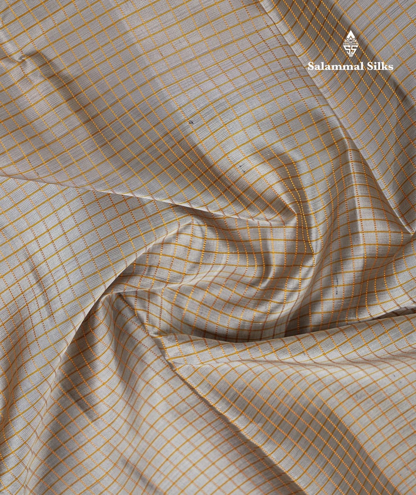 Beautiful Grey Small Checks Pure Kanjivaram Silk Saree With Contrast Olive Mustard Yellow Traditional Rettapet Border