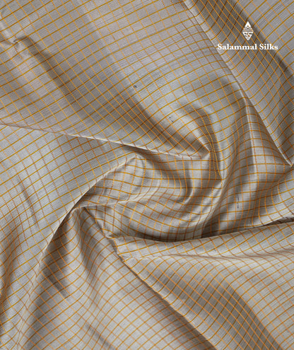 Beautiful Grey Small Checks Pure Kanjivaram Silk Saree With Contrast Olive Mustard Yellow Traditional Rettapet Border