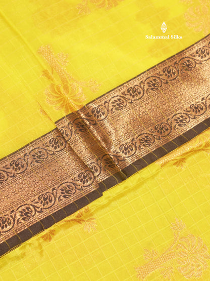 Lemon Yellow Colour Small Checks Semi Silk Saree With Fancy Border