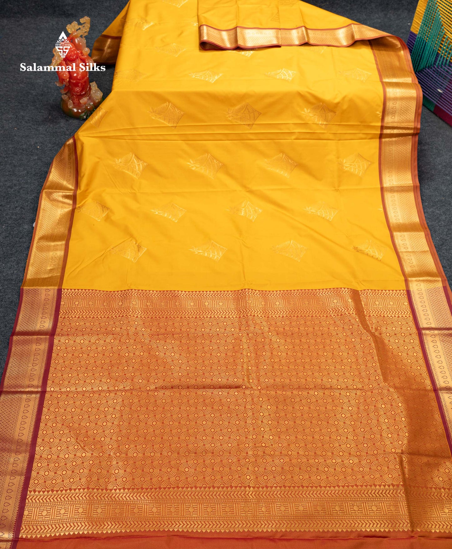 Beautiful Yellow Semi Silk Saree With Contrast Brown Traditional Border