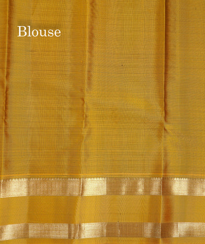 Beautiful Grey Small Checks Pure Kanjivaram Silk Saree With Contrast Olive Mustard Yellow Traditional Rettapet Border