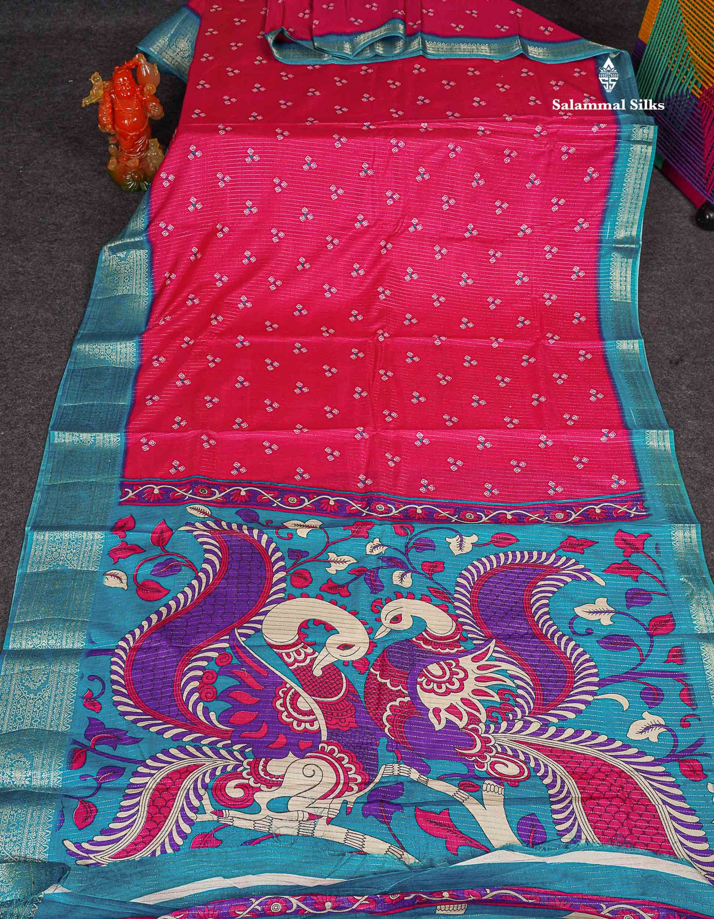 Semi Tussar Fancy Saree - Pink Colour Body With Contrast Ramar Blue Fancy Border 