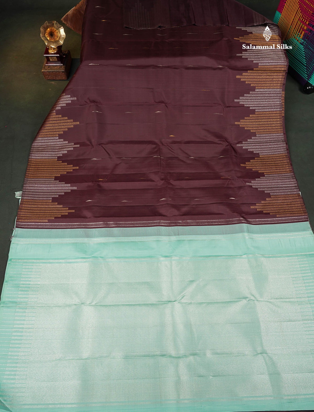 Pure Kanjivaram Silk Saree - Dark Brown Colour Body With Contrast Rexona Blouse
