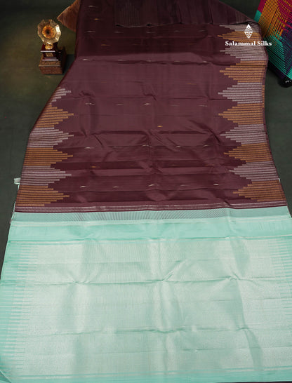 Pure Kanjivaram Silk Saree - Dark Brown Colour Body With Contrast Rexona Blouse