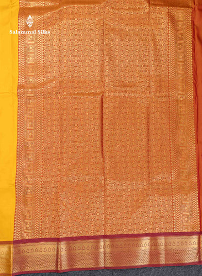 Beautiful Yellow Semi Silk Saree With Contrast Brown Traditional Border