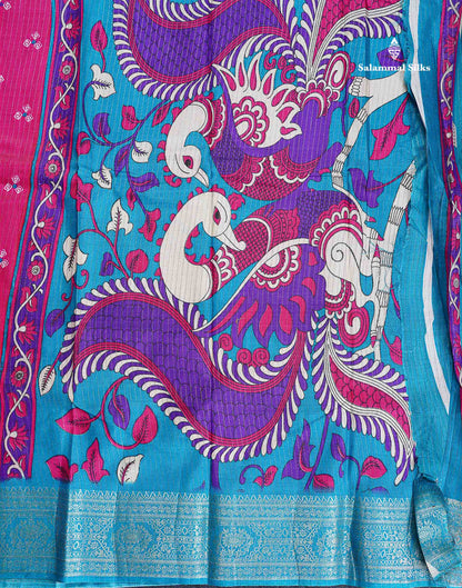 Semi Tussar Fancy Saree - Pink Colour Body With Contrast Ramar Blue Fancy Border