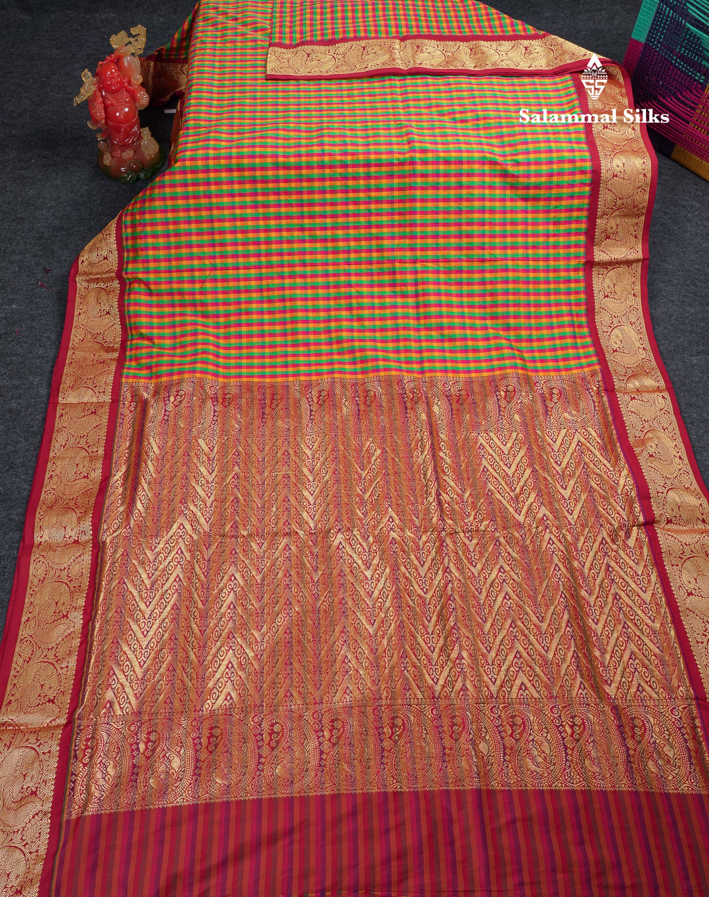 10.5 Yards Semi Silk Saree Paalum Pazham Checks With Contrast Maroon Traditional Border