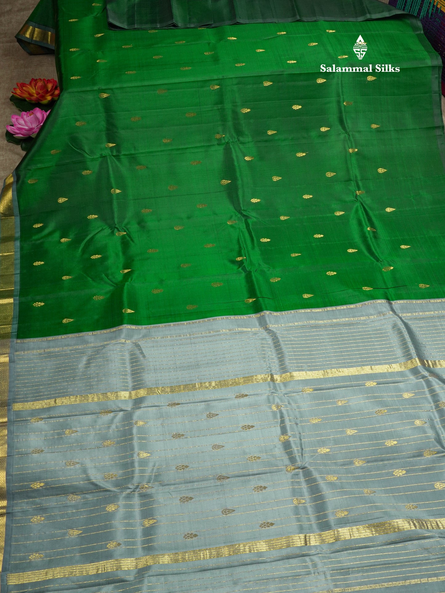 Bottle Green Pure Kanjivaram Silk Saree With Small One Side Contrast Grey Border