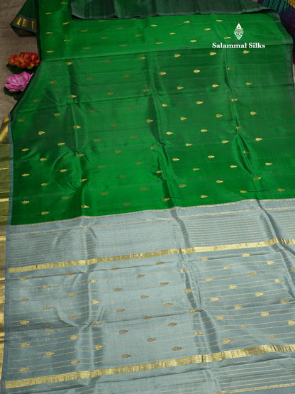 Bottle Green Pure Kanjivaram Silk Saree With Small One Side Contrast Grey Border