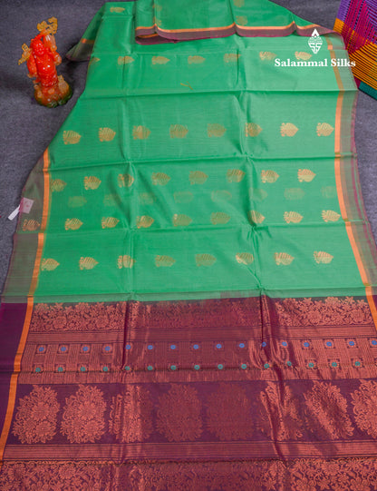 Beautiful Saffire Green SICO Cotton Saree With Contrast Magenta Blouse
