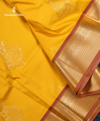 Beautiful Yellow Semi Silk Saree With Contrast Brown Traditional Border
