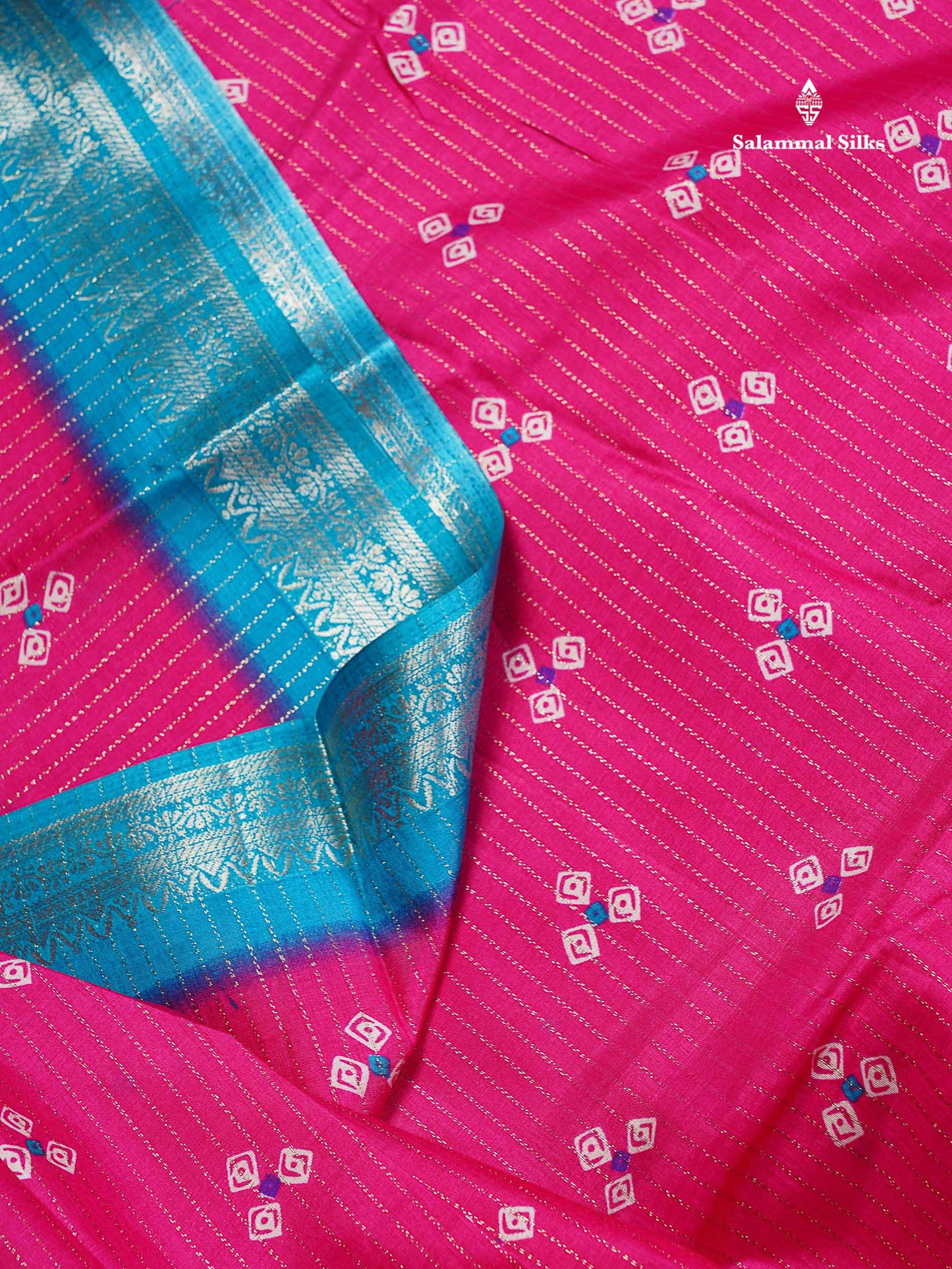 Semi Tussar Fancy Saree - Pink Colour Body With Contrast Ramar Blue Fancy Border