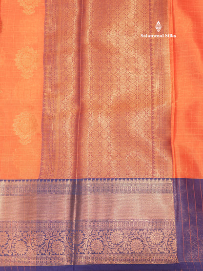 Peach Colour Small Checks Semi Silk Saree With Royal Blue Border