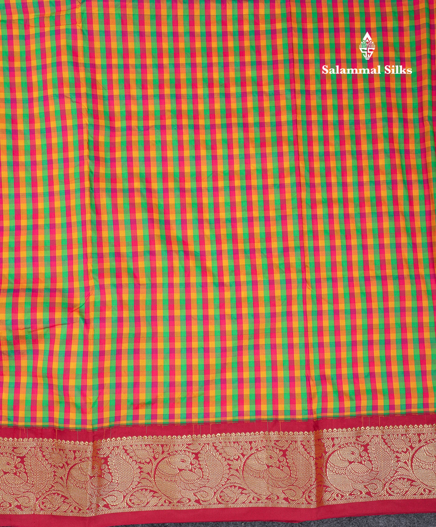 10.5 Yards Semi Silk Saree Paalum Pazham Checks With Contrast Maroon Traditional Border