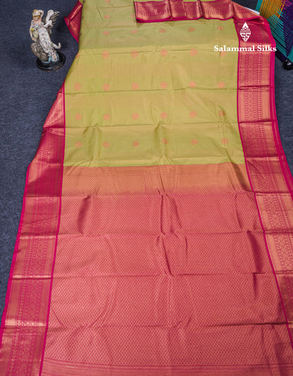 Light Elaichi Green Vairaoosi Lines & Checks With Butta Semi Silk Saree With Contrast Pink Border