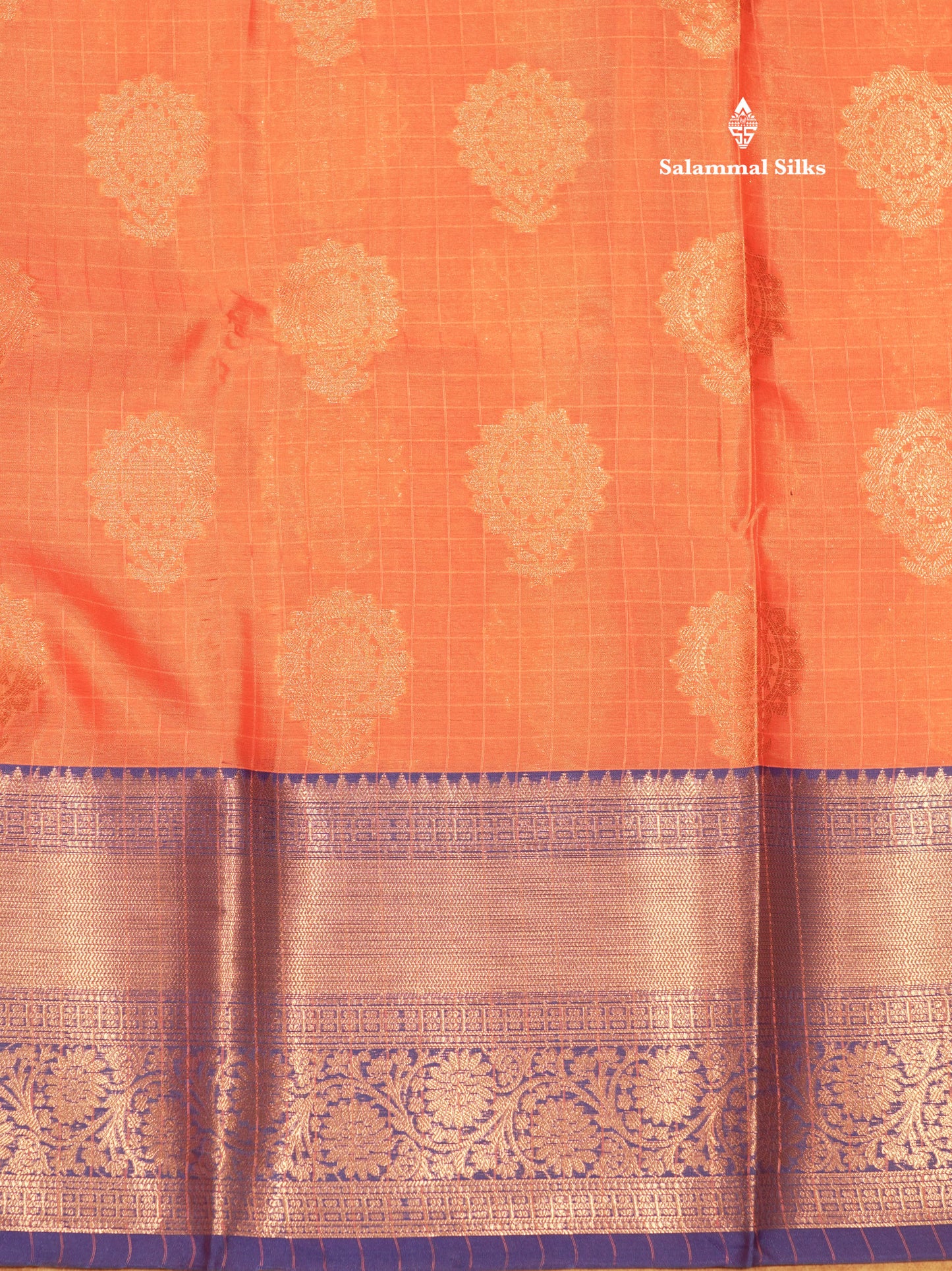 Peach Colour Small Checks Semi Silk Saree With Royal Blue Border