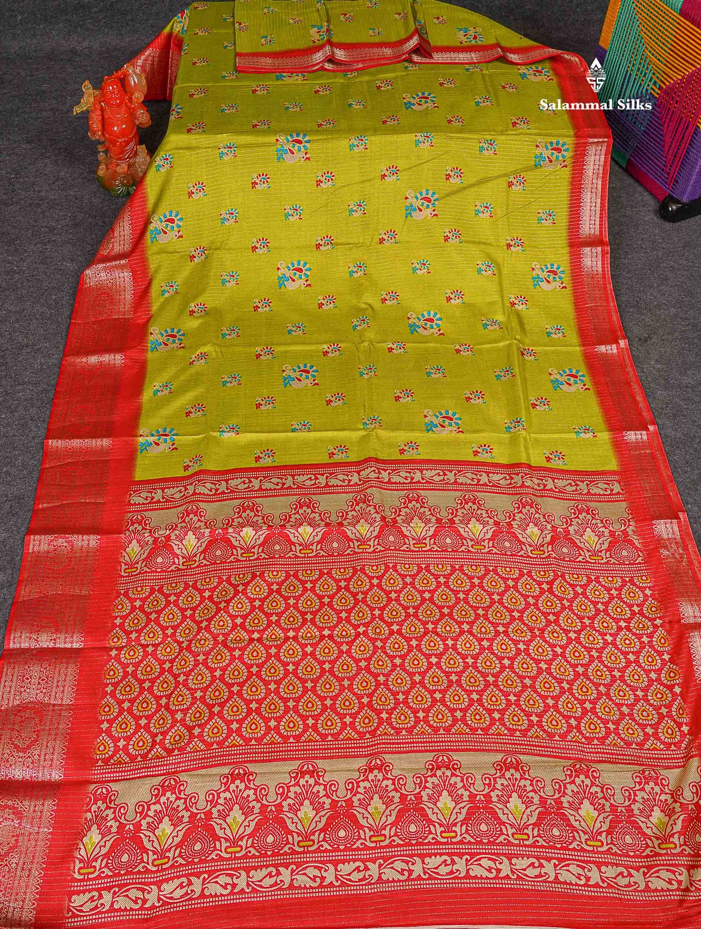 Semi Tussar Fancy Saree - Parrot Green Colour Body With Contrast Chilly Red Fancy Border