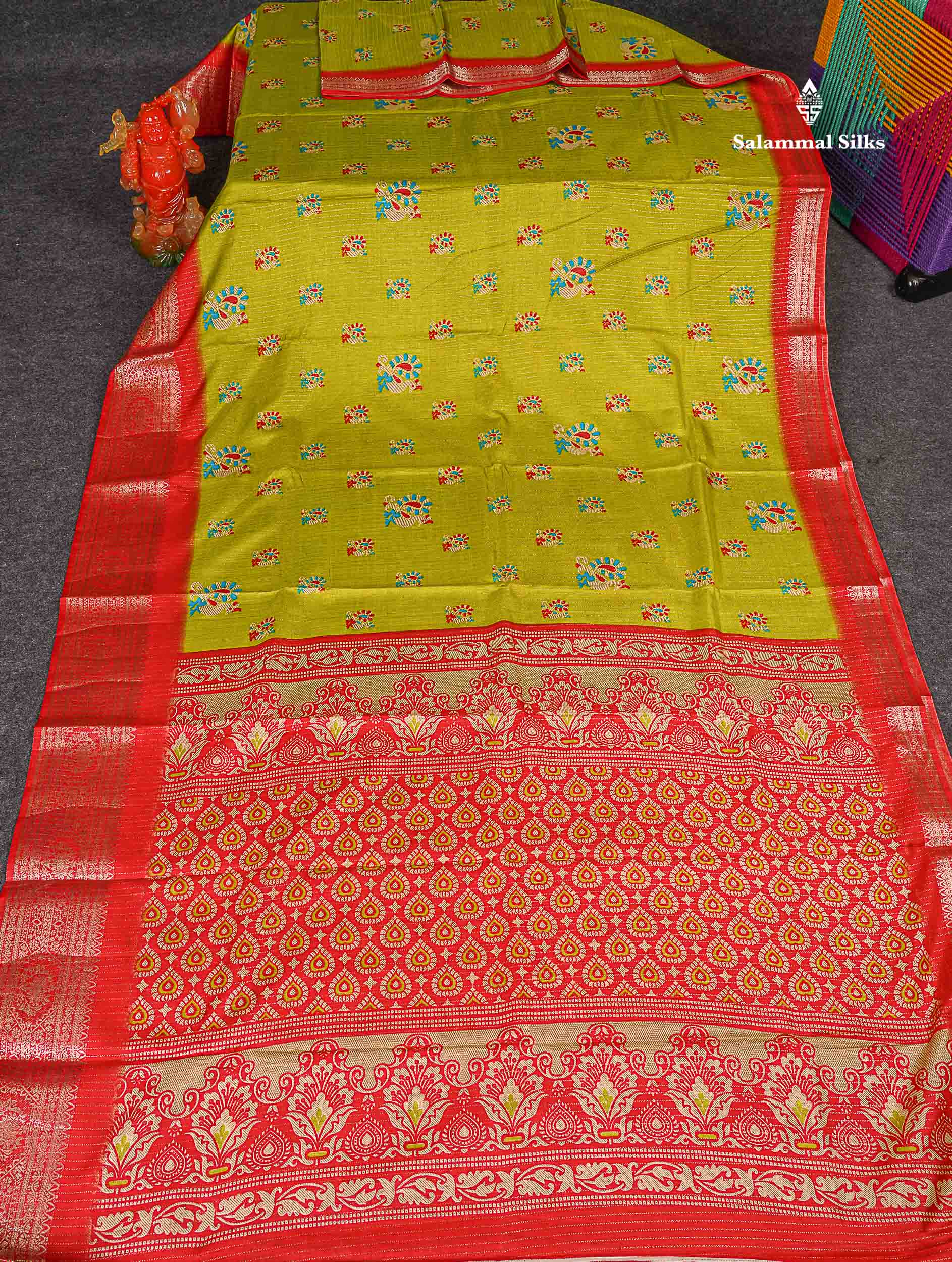 Semi Tussar Fancy Saree - Parrot Green Colour Body With Contrast Chilly Red Fancy Border