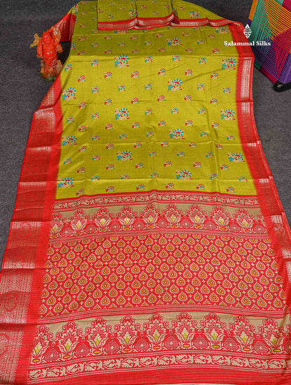 Semi Tussar Fancy Saree - Parrot Green Colour Body With Contrast Chilly Red Fancy Border
