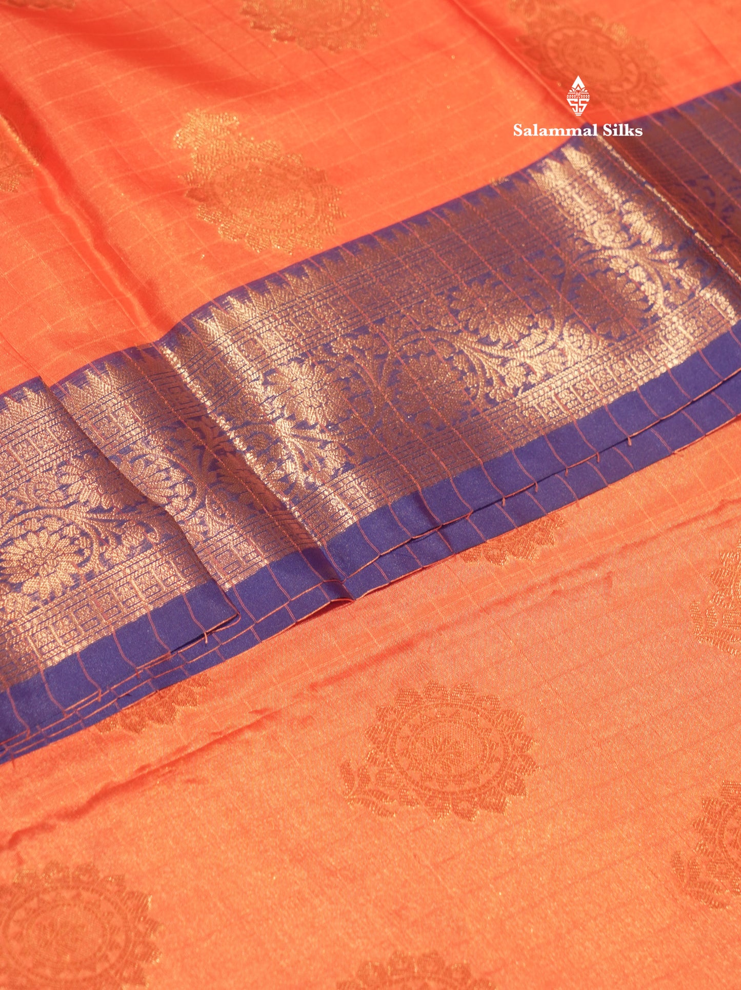 Peach Colour Small Checks Semi Silk Saree With Royal Blue Border