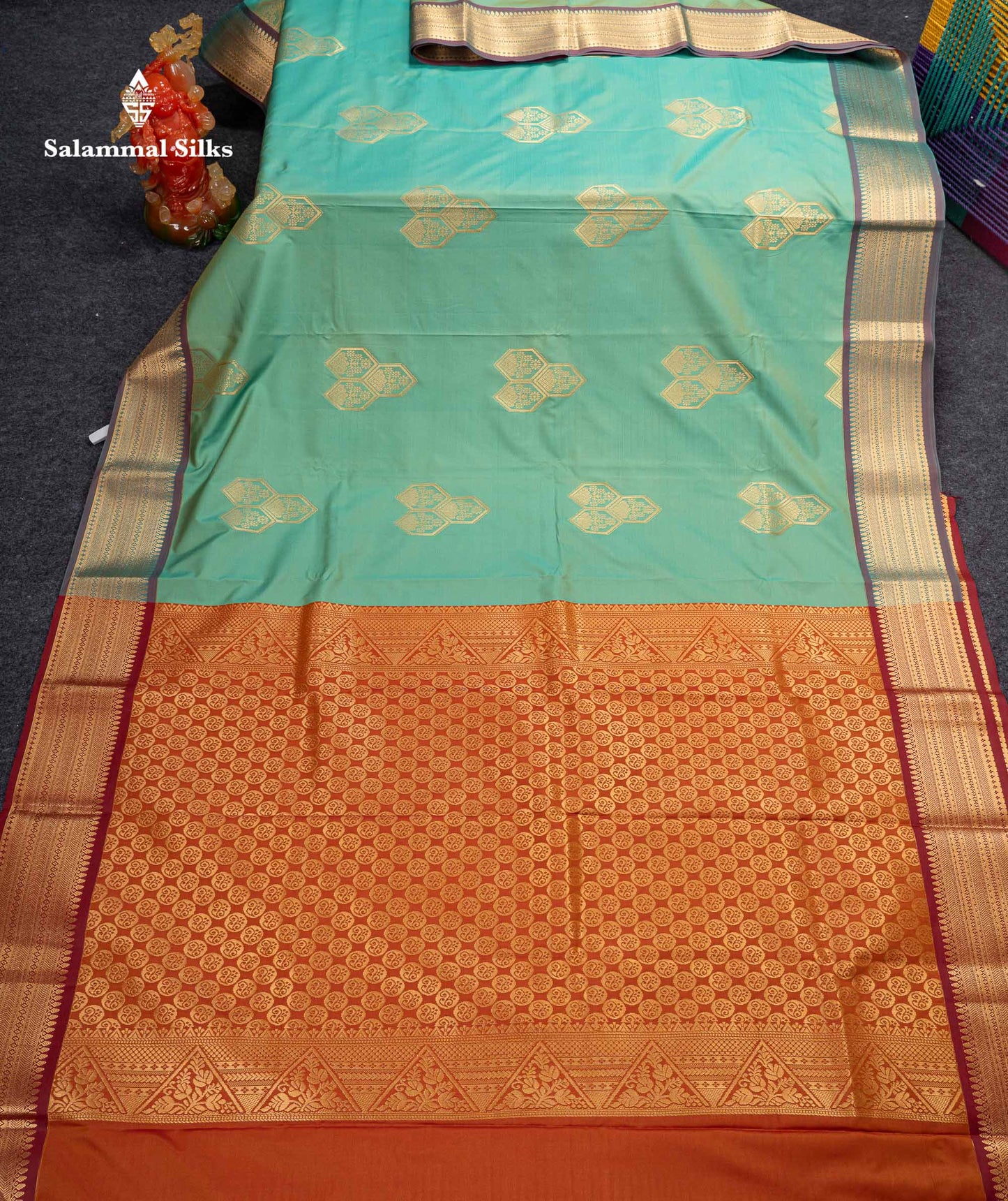 Beautiful Rexona Green Semi Silk Saree With Contrast Rust Orange Blouse