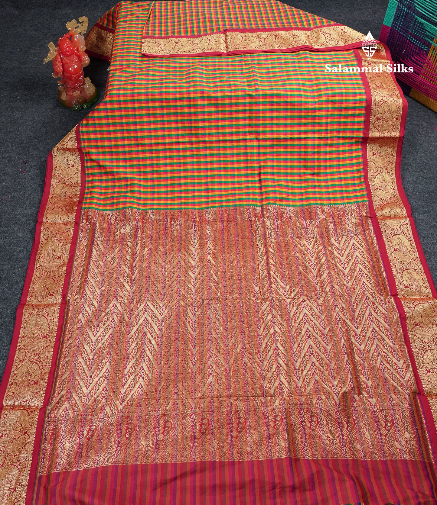 10.5 Yards Semi Silk Saree Paalum Pazham Checks With Contrast Maroon Traditional Border