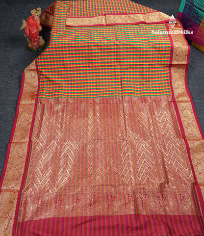 10.5 Yards Semi Silk Saree Paalum Pazham Checks With Contrast Maroon Traditional Border
