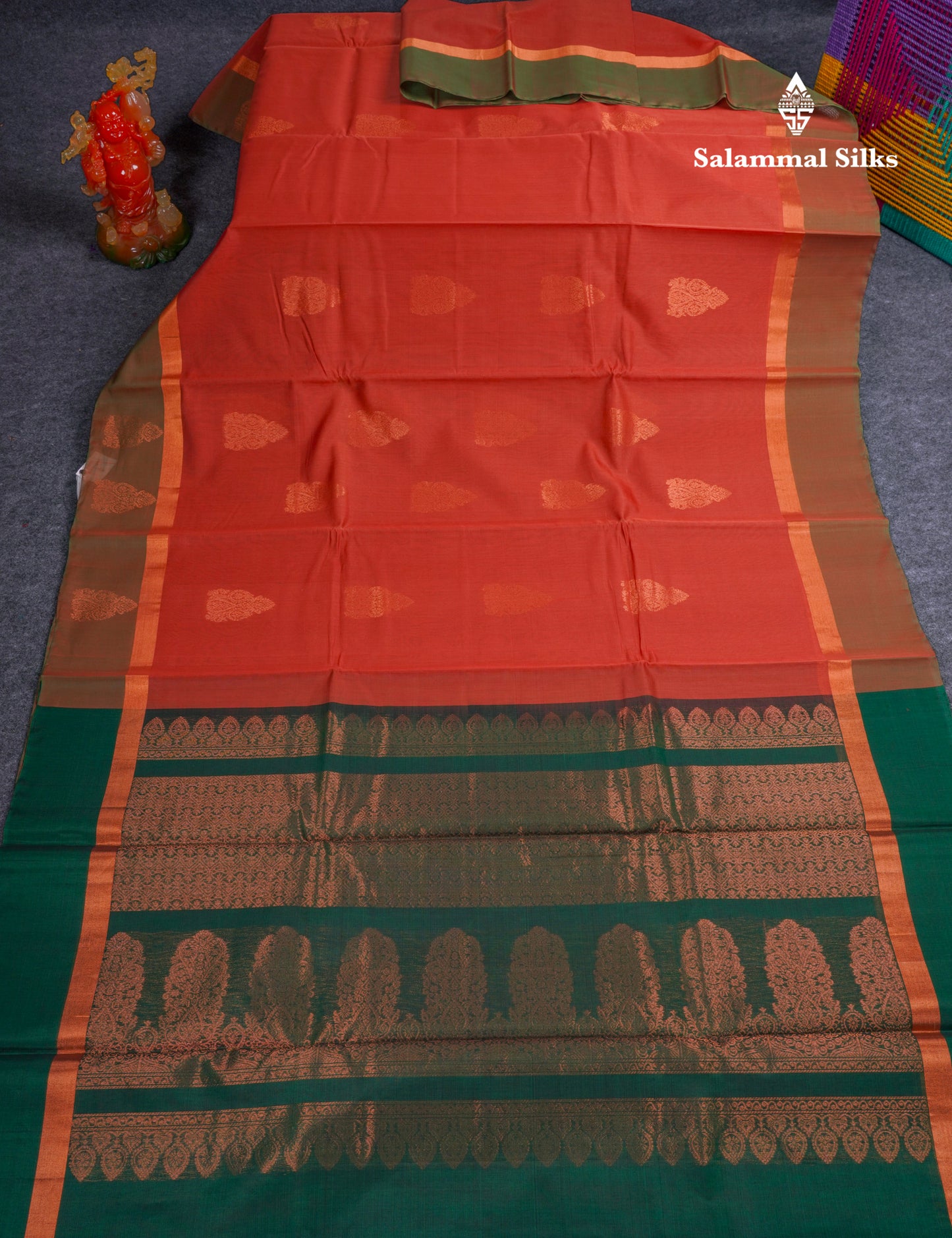 Beautiful Orange SICO Cotton Saree With Contrast Bottle Green Blouse