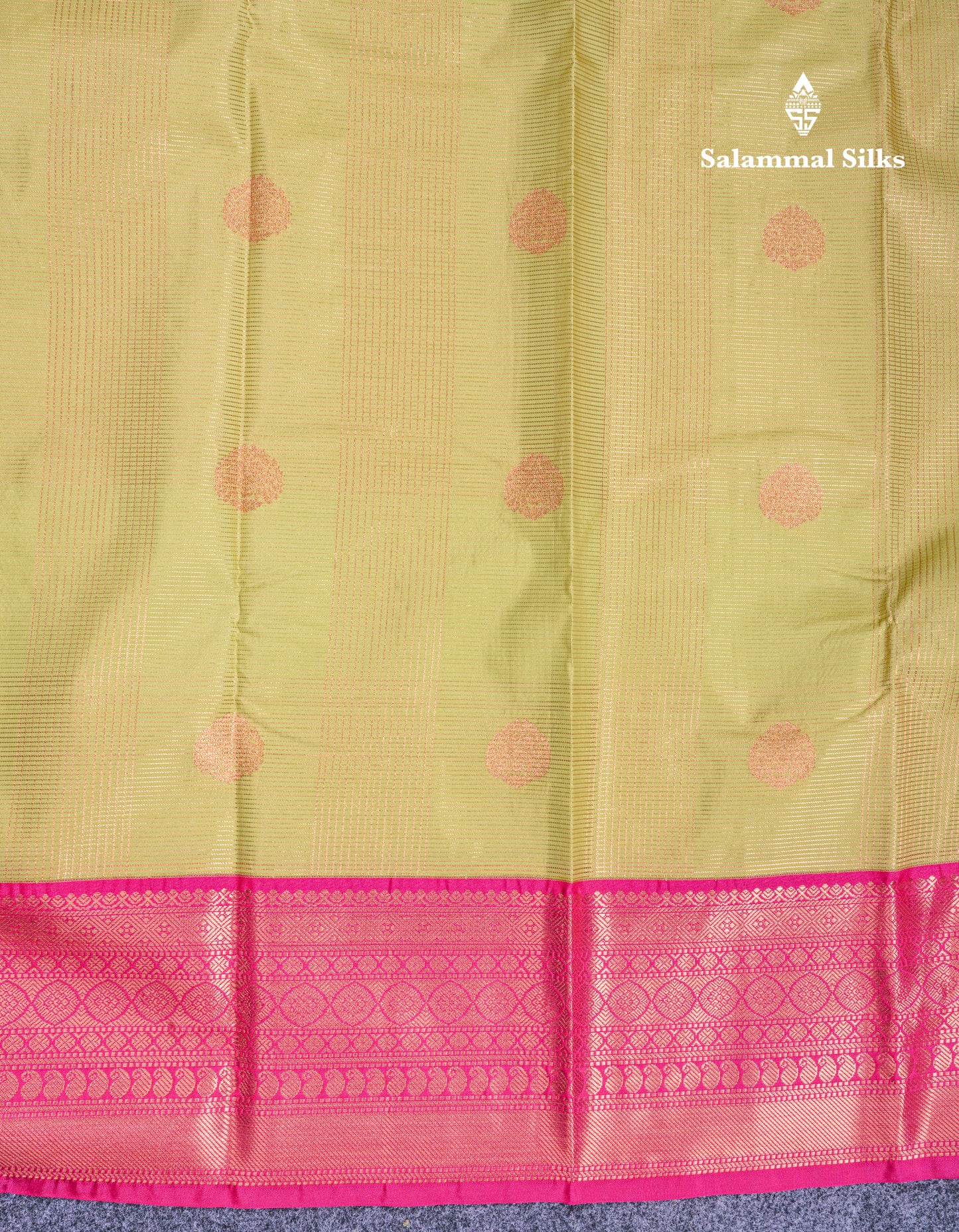 Light Elaichi Green Vairaoosi Lines & Checks With Butta Semi Silk Saree With Contrast Pink Border