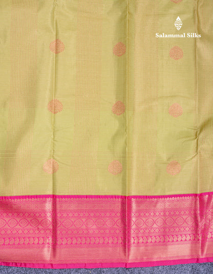 Light Elaichi Green Vairaoosi Lines & Checks With Butta Semi Silk Saree With Contrast Pink Border