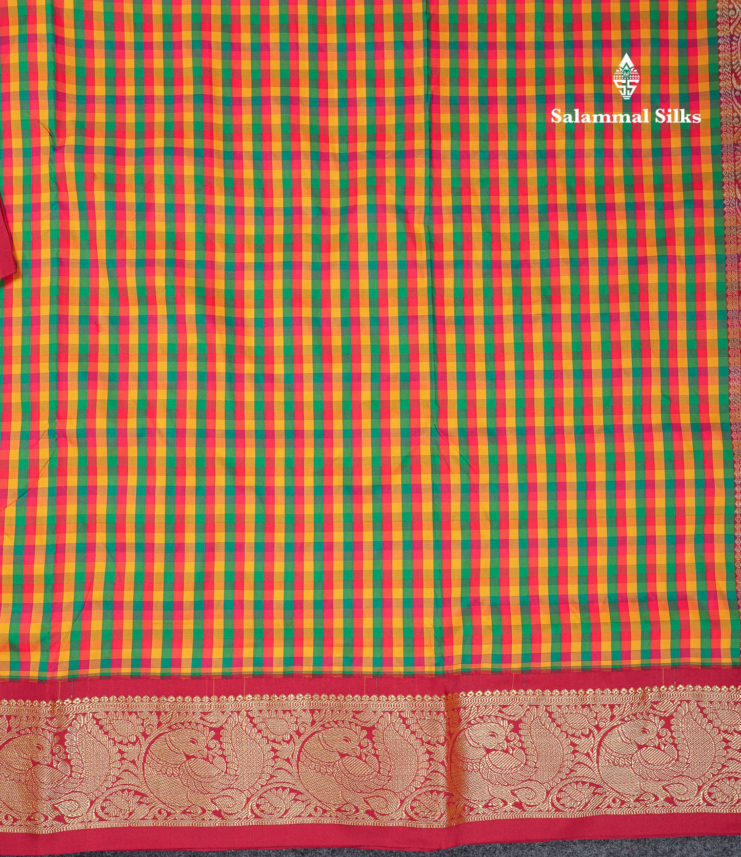 10.5 Yards Semi Silk Saree Paalum Pazham Checks With Contrast Maroon Traditional Border