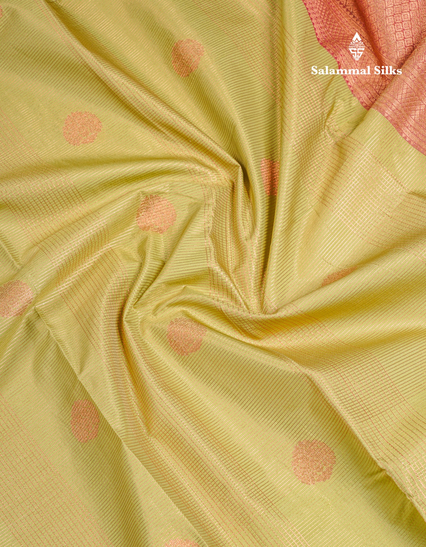 Light Elaichi Green Vairaoosi Lines & Checks With Butta Semi Silk Saree With Contrast Pink Border