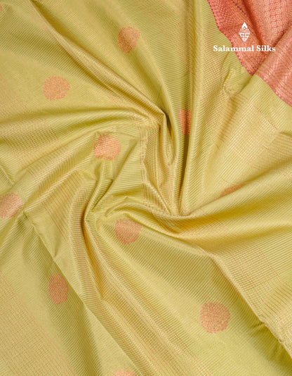 Light Elaichi Green Vairaoosi Lines & Checks With Butta Semi Silk Saree With Contrast Pink Border