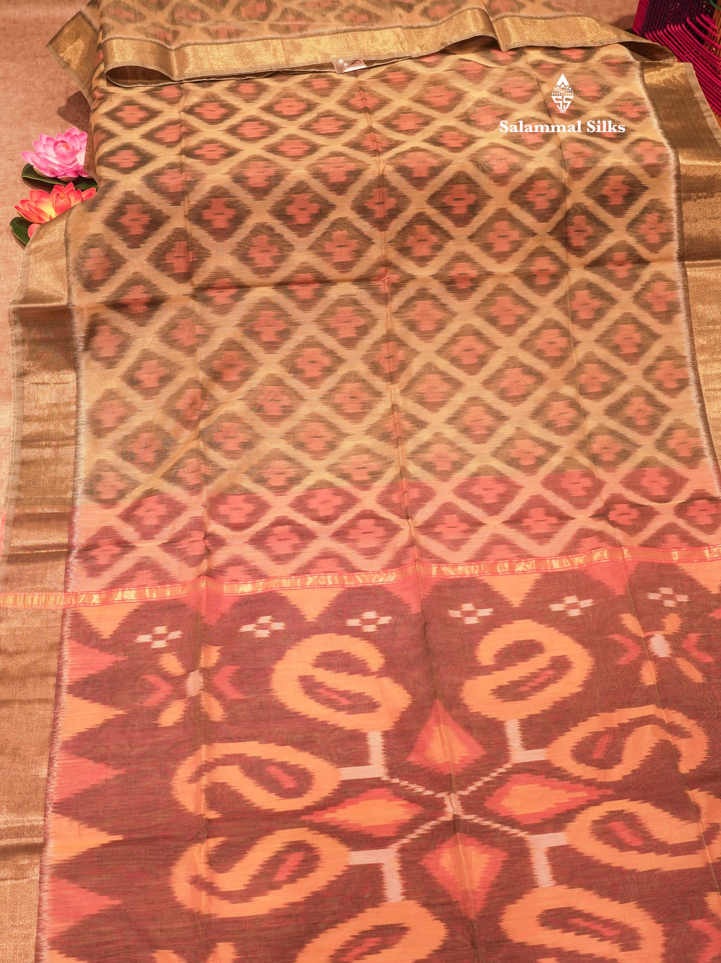 Premium Light Sandal Colour Pochampalli Cotton Saree With Gold Zari Border