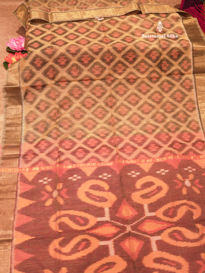 Premium Light Sandal Colour Pochampalli Cotton Saree With Gold Zari Border
