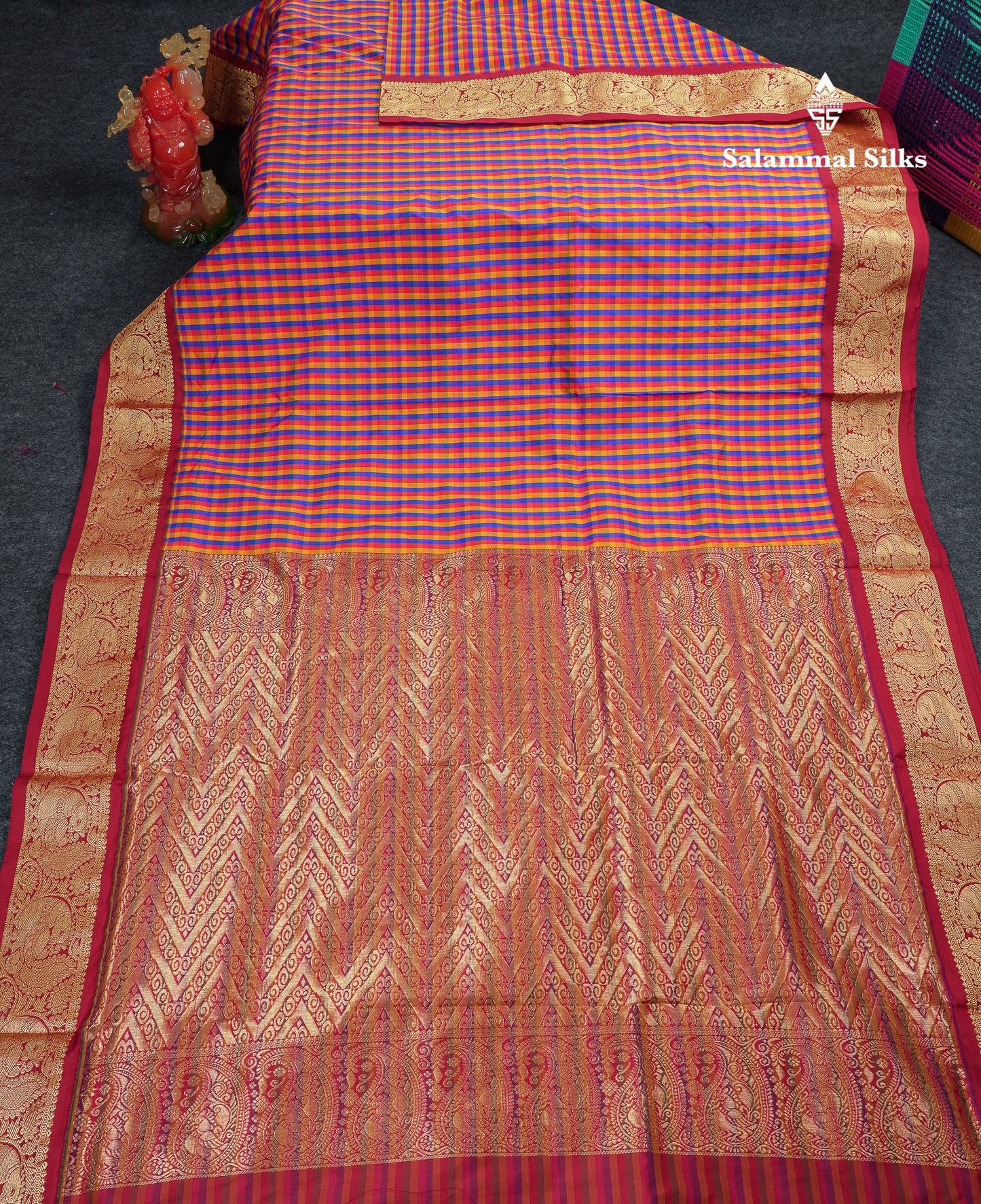 10.5 Yards Semi Silk Saree Paalum Pazham Checks With Contrast Maroon Traditional Border