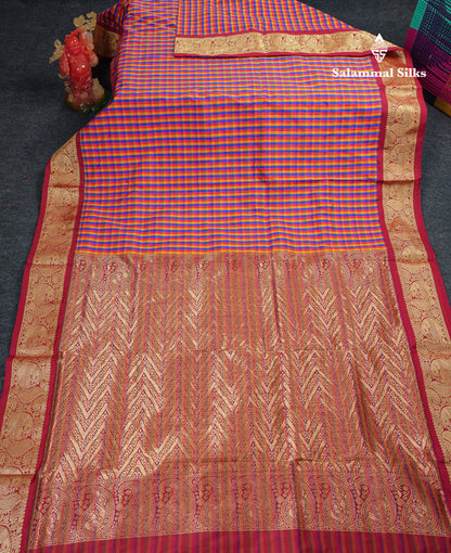 10.5 Yards Semi Silk Saree Paalum Pazham Checks With Contrast Maroon Traditional Border