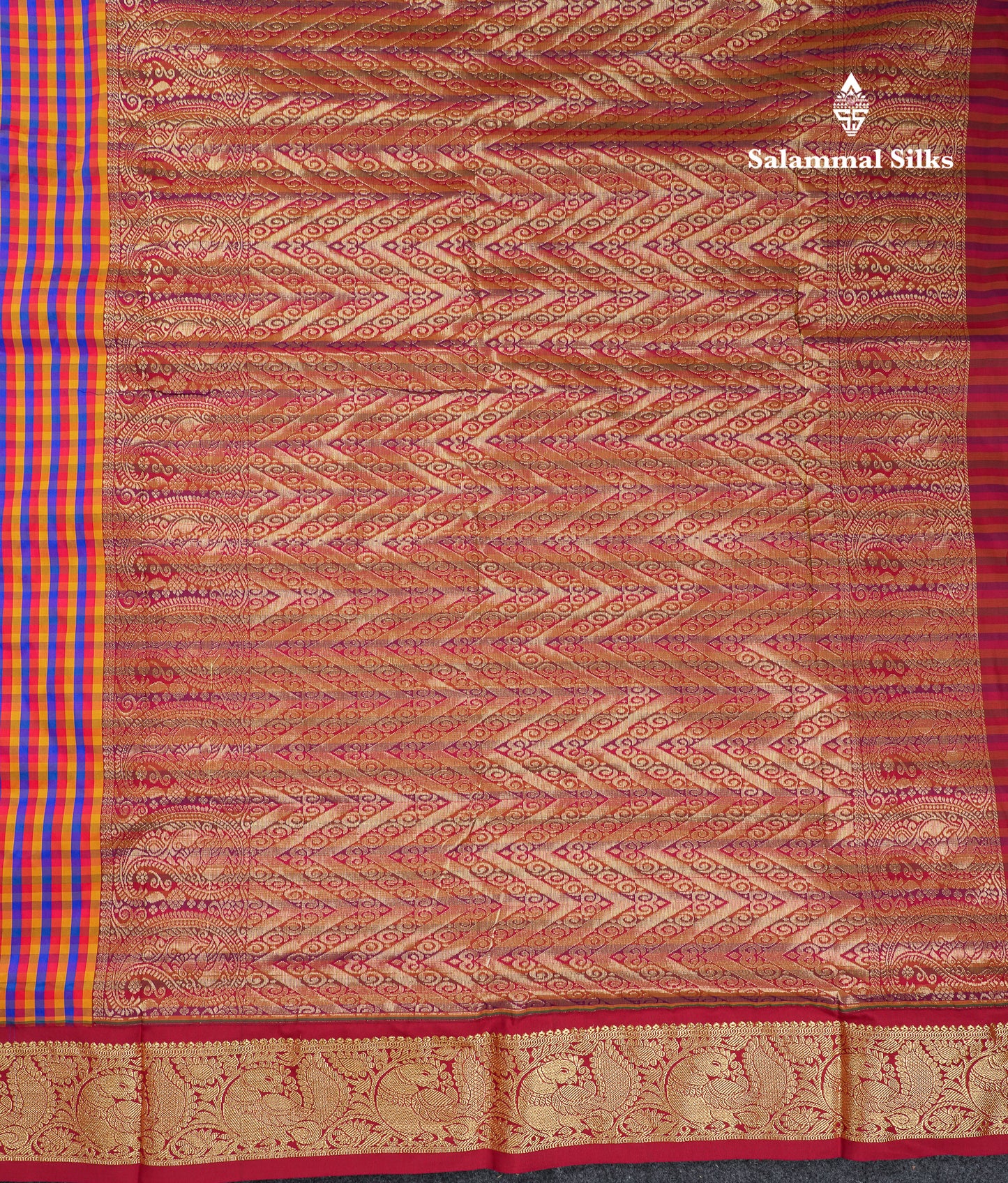 10.5 Yards Semi Silk Saree Paalum Pazham Checks With Contrast Maroon Traditional Border