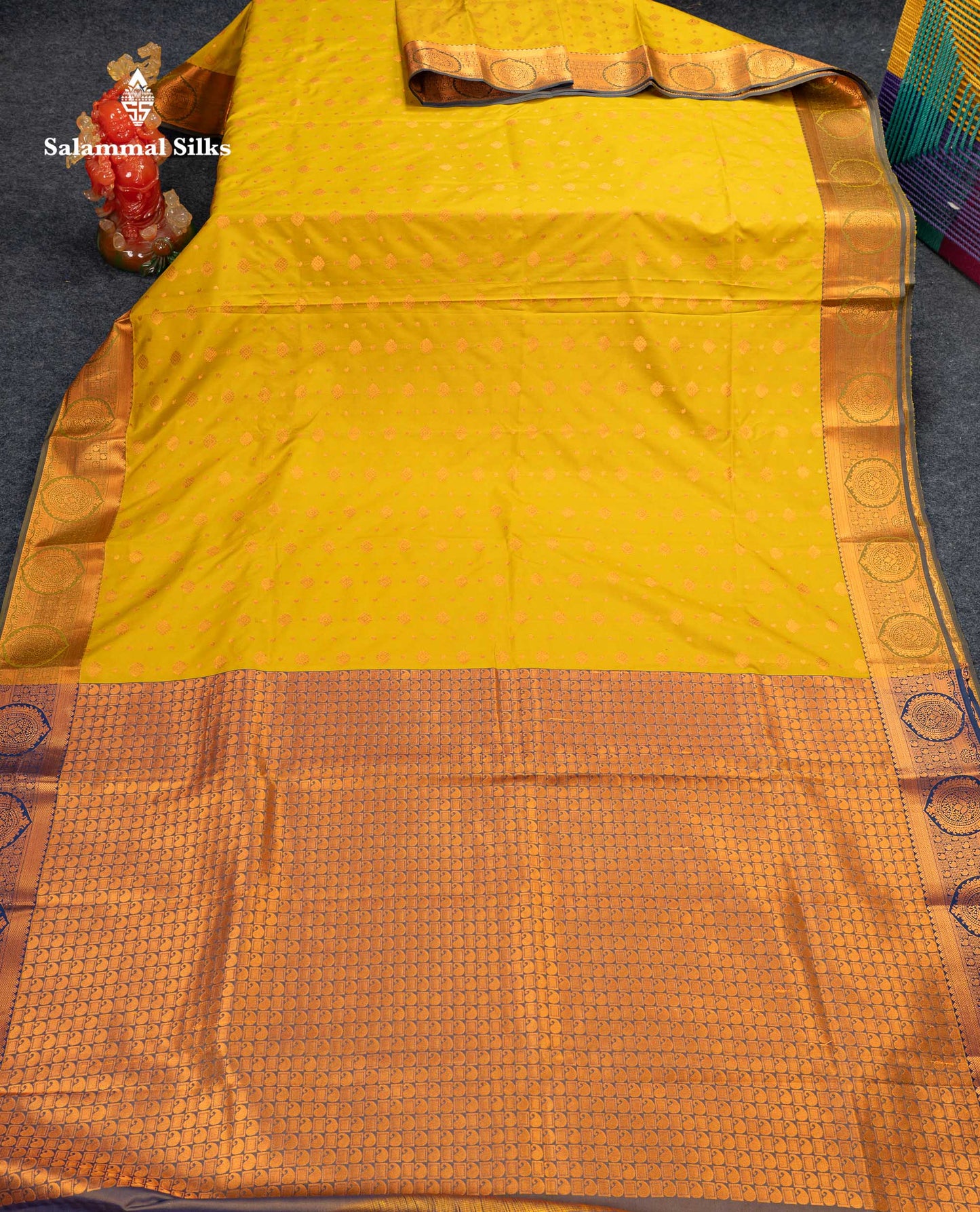 Beautiful Manthulir Yellow Zari Butta Semi Silk Saree With Contrast Blueish Grey Blouse