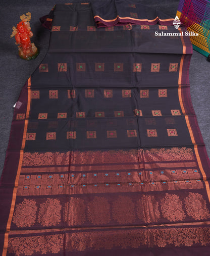 Beautiful Black Menakari Work SICO Cotton Saree With Contrast Magenta Border