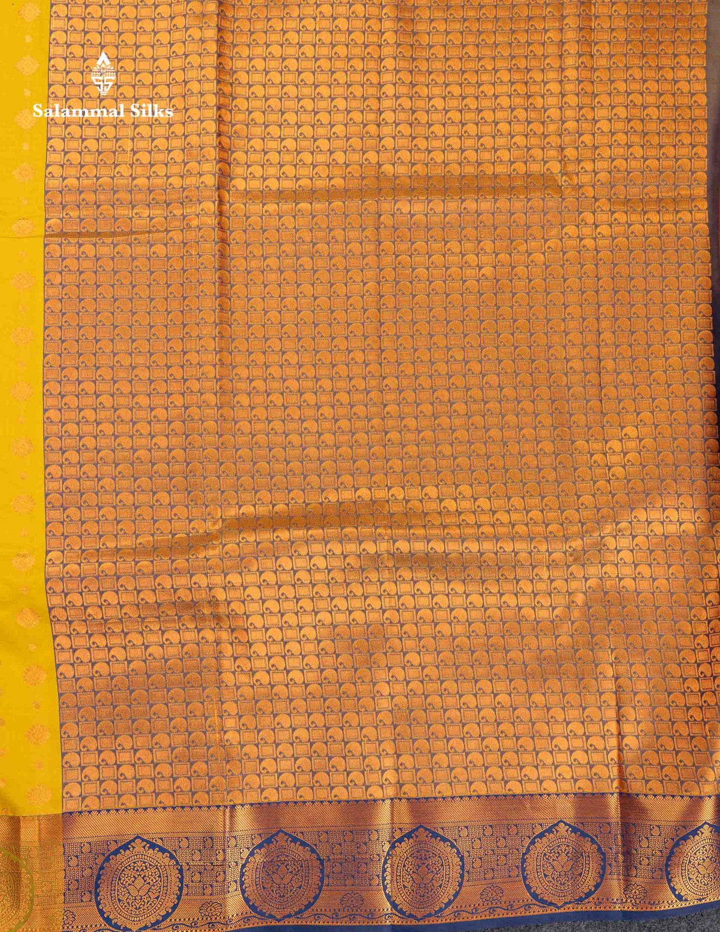Beautiful Manthulir Yellow Zari Butta Semi Silk Saree With Contrast Blueish Grey Blouse