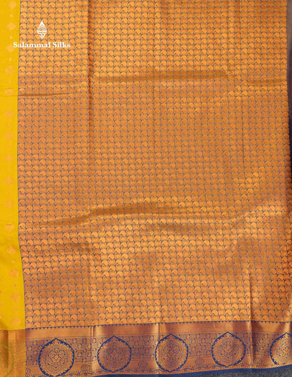 Beautiful Manthulir Yellow Zari Butta Semi Silk Saree With Contrast Blueish Grey Blouse