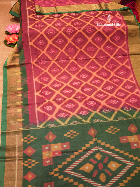Premium Magenta Colour Pochampalli Pure Cotton Saree With Contrast Bottle Green Border
