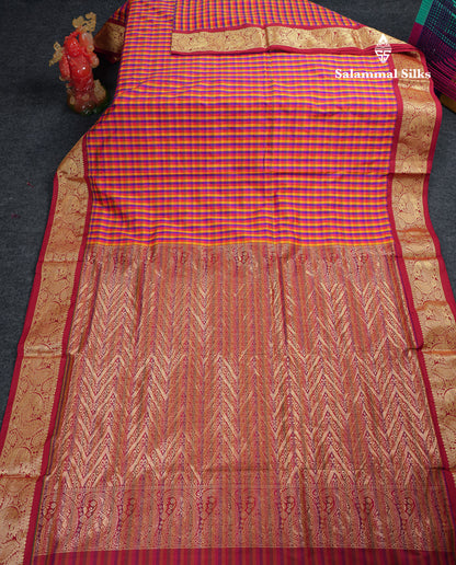 10.5 Yards Semi Silk Saree Paalum Pazham Checks With Contrast Maroon Traditional Border