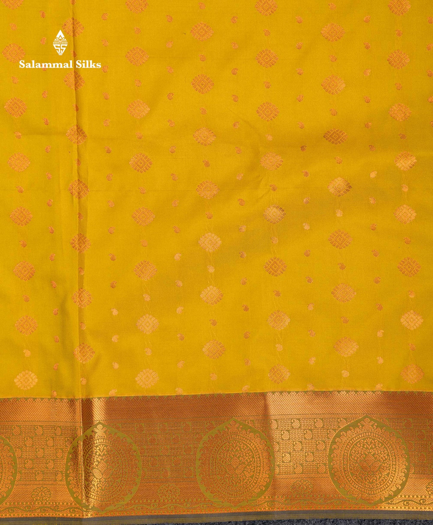 Beautiful Manthulir Yellow Zari Butta Semi Silk Saree With Contrast Blueish Grey Blouse