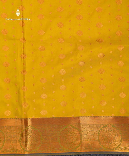 Beautiful Manthulir Yellow Zari Butta Semi Silk Saree With Contrast Blueish Grey Blouse