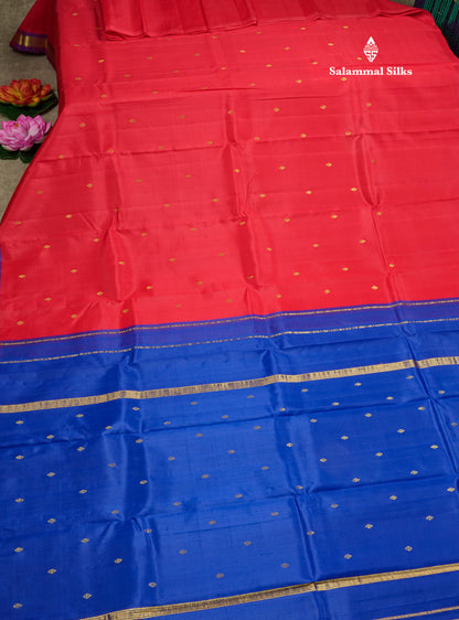Chilly Red Pure Kanjivaram Silk Saree With Small One Side Contrast Purple Border